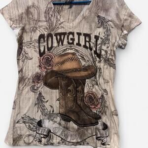 Big Bang Cowgirl Rhinestone Boot Tee Medium Y2K Western